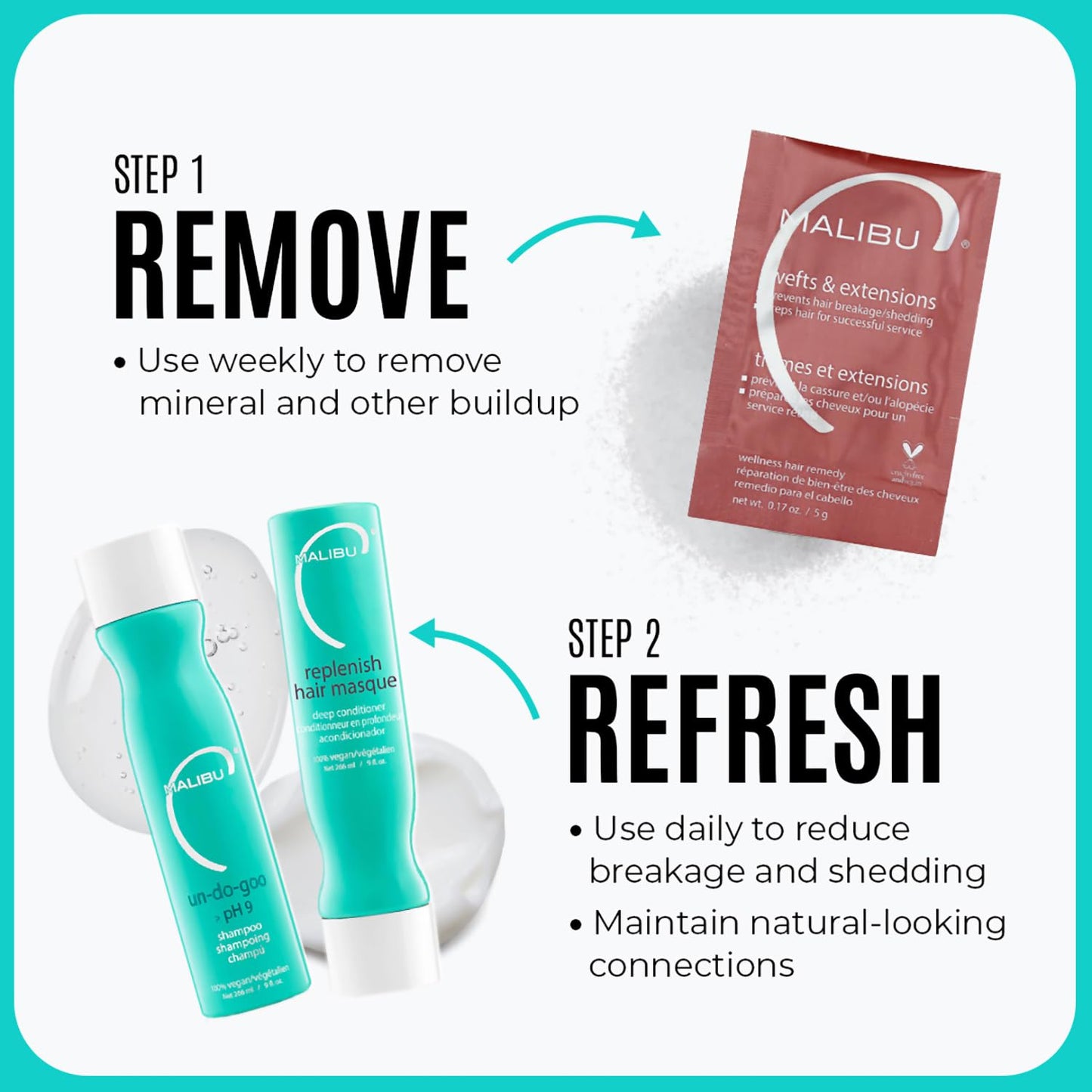 Malibu C Wefts & Extensions - Contains 2 Hair Remedy Packets - Removes Build Up + Prevents Hair Breakage - Hydrating Care for Preventing - Restores health and prevents damage