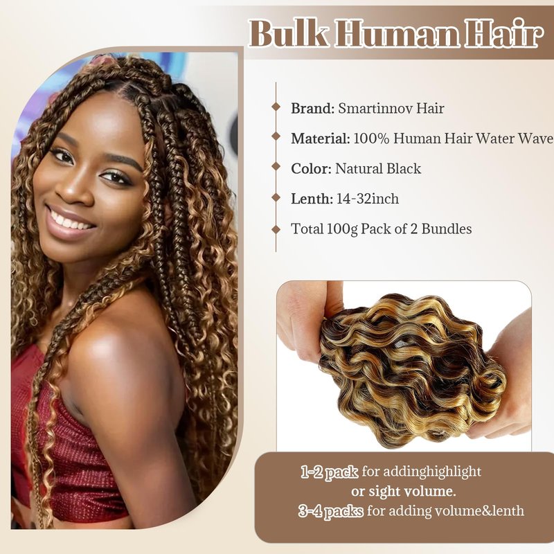 Curly Ombre Braiding Hair 100G 18 Inch Water Wave Honey Blonde with Brown Braiding Hair 4/27 Highlight Curly Bulk Human Hair Bohemian Blonde Highlight Human Bariding Hair for Boho Braids 2Bundles/Pack