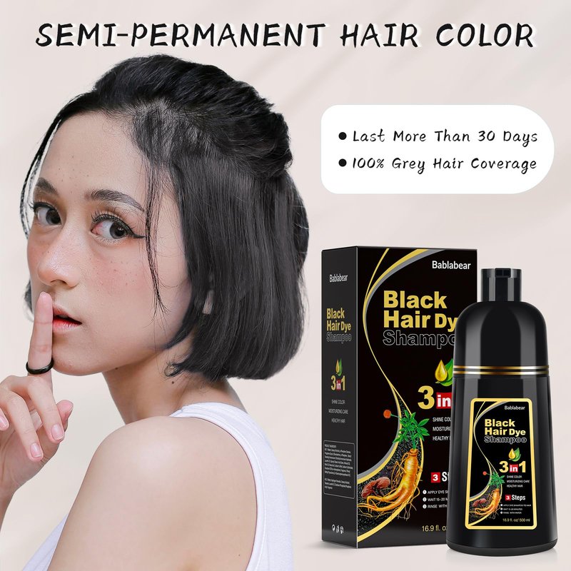 Bablabear Black Hair Dye Shampoo for Gray Hair, Semi-Permanent Hair Color Shampoo for Women and Men, Grey Coverage.500ml