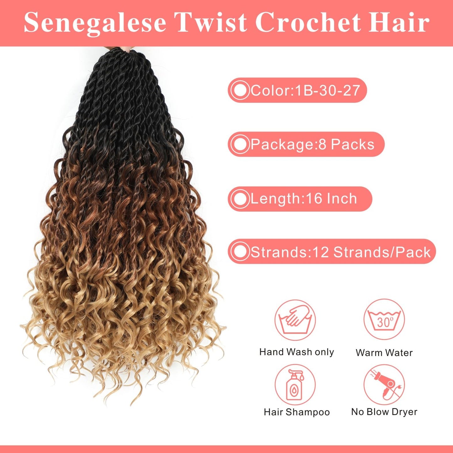 Senegalese Twist Crochet Hair - 8 Packs Boho Island Twist Crochet Hair with Curly Ends 16 Inch Pre Looped Goddess Crochet Twist Hair Extensions for Black Women (16 Inch(8 Packs), 1B/30/27)