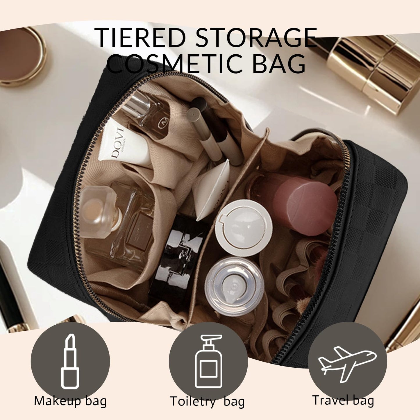 YDR Checkered Makeup Bag for Women, Travel Cosmetic Bag with Handle, Portable Makeup Organizer Pouch, PU Leather Toiletry Bag for Purse, Daily Use and Travel, Checkerboard