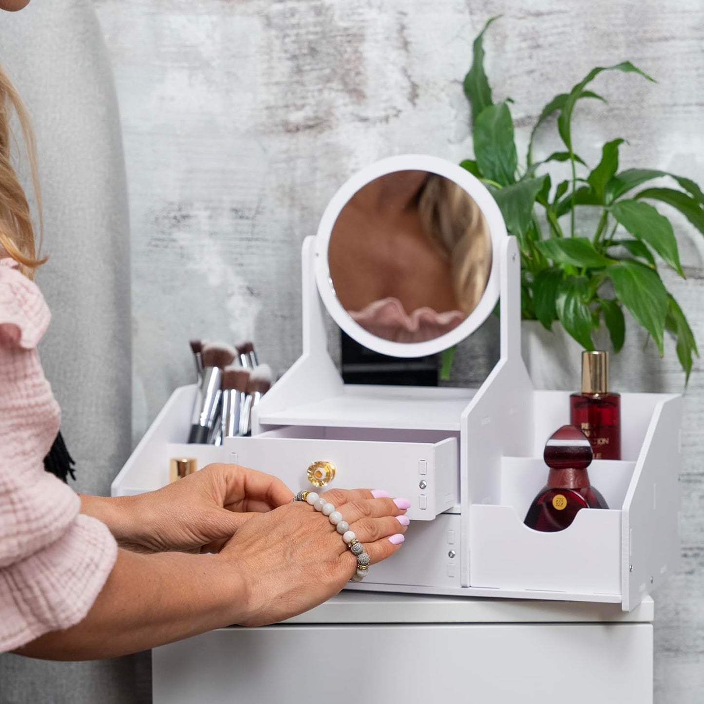 Wooden Makeup Organizer - Elegant Countertop Storage with Mirror & Drawers | Ideal for Brushes & Skincare