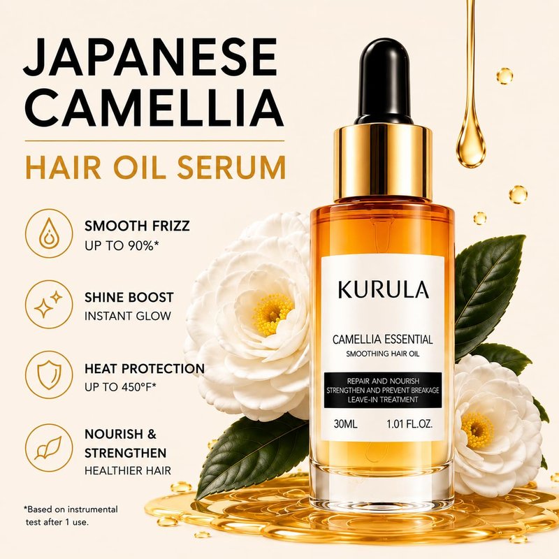 Japanese Camellia Hair Oil Serum - Lightweight Treatment for Dry, Frizzy Hair | Non-Greasy Leave-In, 30ml