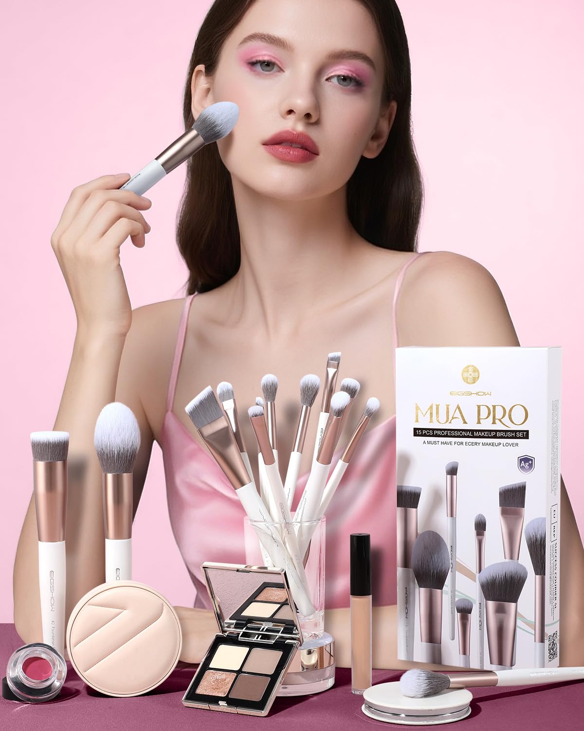 Makeup Brushes Set - 15Pcs Professional Makeup Brush Kit with Silver Ion Bristles | Travel Gift Set in Champagne Gold
