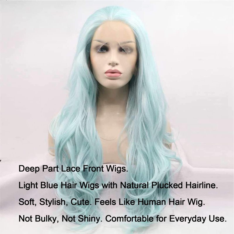 AFBeauty Blue Wigs for Women Light Long Wavy Neon Blue Lace Front Wig Pre Plucked Hairline Free Part Colorful Pastel Baby Blue Glueless Real Hair Wig Synthetic Heat Resistant Daily Holiday 24 Inch