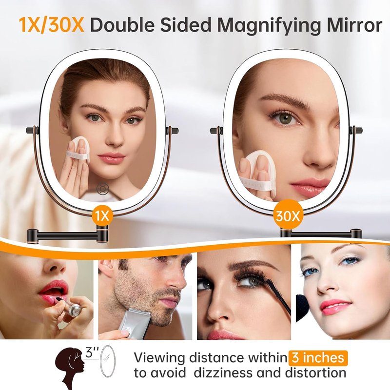 Funtoouch 30X/1X Wall Mounted Makeup Mirror - Rechargeable Double-Sided, 3 Color Modes, 360° Rotation | Antique Bronze