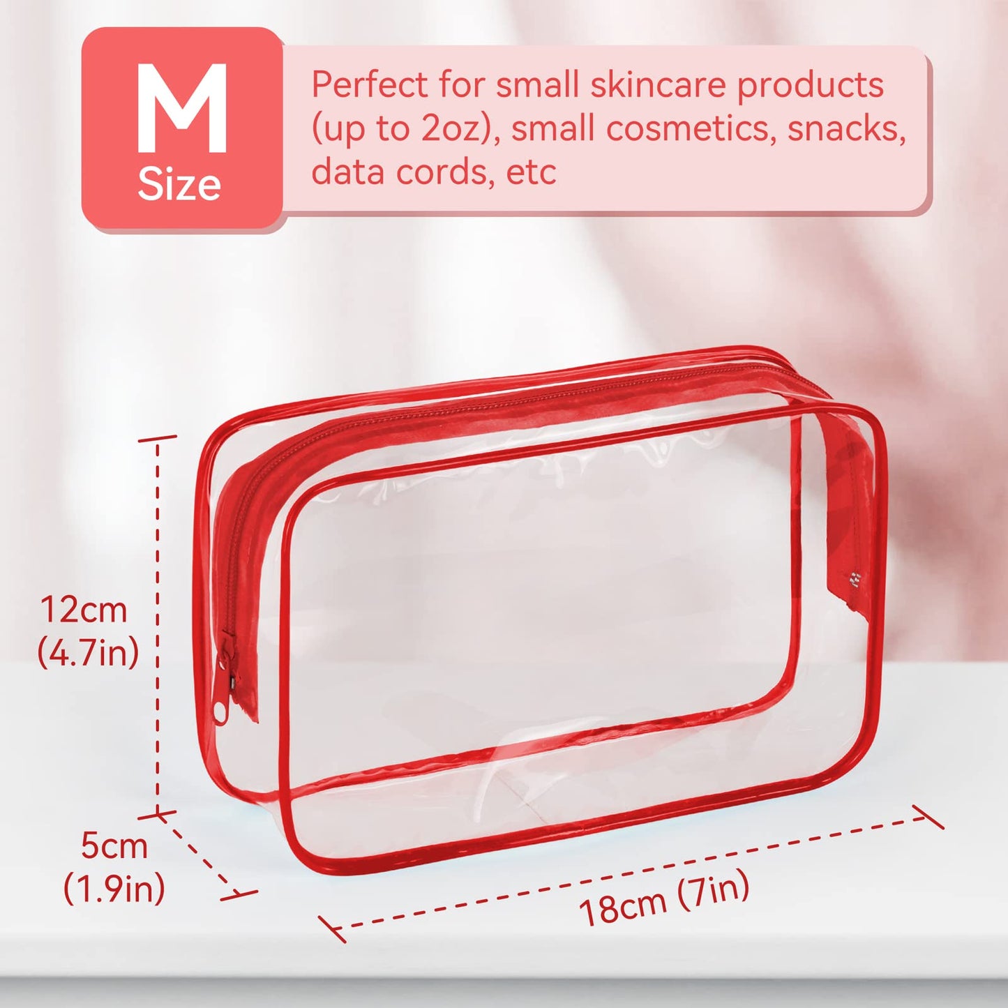 TISRATOK 12 PCS Clear Makeup Bag for Women with Zipper, TSA Approved Toiletry Pouch, Cosmetic Bag Bulk for Travel Organizer Essentials - Red, Medium
