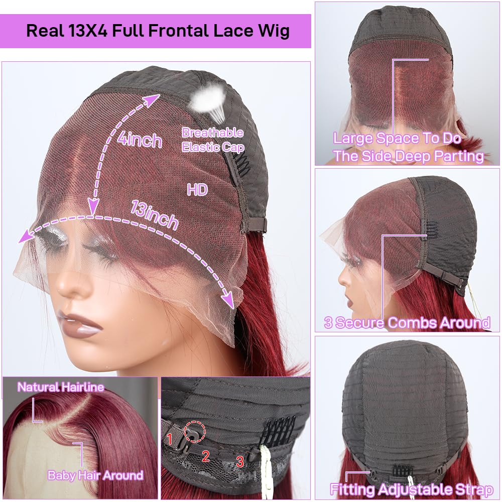 SKYDO 13x4 Lace Front Bob Wig Human Hair - 99J Burgundy, Pre-Plucked Hairline 180 Density, 8 Inch Wigs for Women