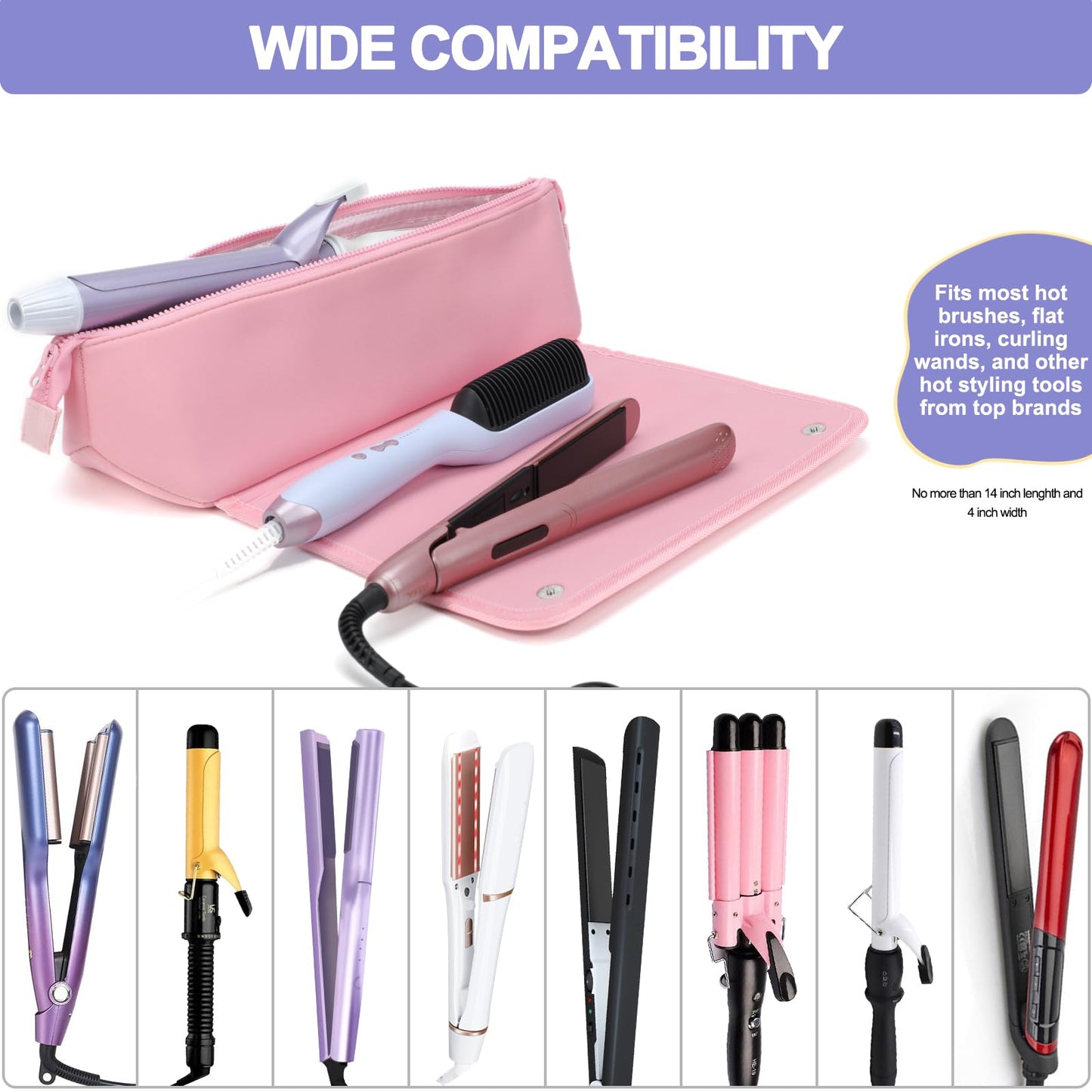 Travel Essentials Neoprene Hair Style Tools Bag w/Heat Resistant Mat for Flat or Curling Irons, Straighteners Accessories, Gifts for Women Mom Daughter Sister Friends for Birthday (Pink)