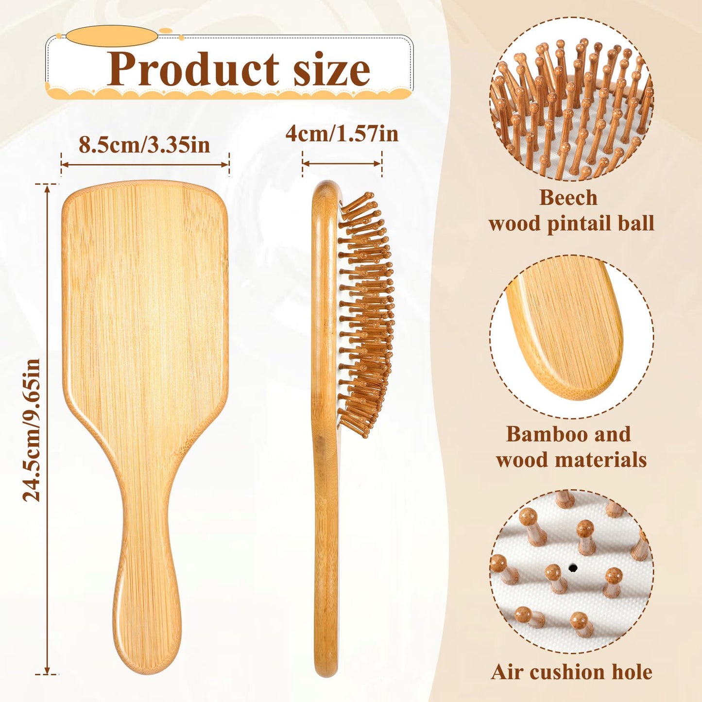 12-Pack Natural Bamboo Hair Brushes for Scalp Massage & Detangling, Anti-Static Wooden Paddle Brush with Ergonomic Handle and Bamboo Bristles, DIY Engraving Gifts(9.65'' X 3.35'', White)