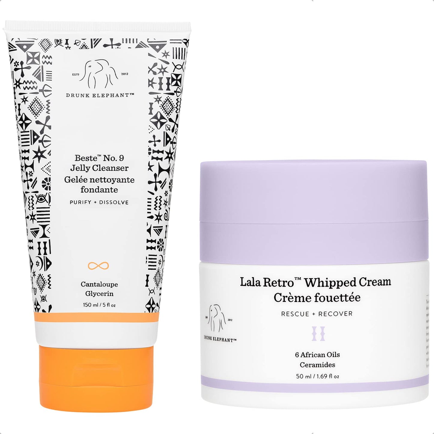Drunk Elephant Hit It Off Face Wash and Facial Moisturizer Set Beste No. 9 Jelly Cleanser (150 mL / 5 Fl Oz) and Lala Retro Whipped Cream (50 mL / 1.69 Fl Oz)