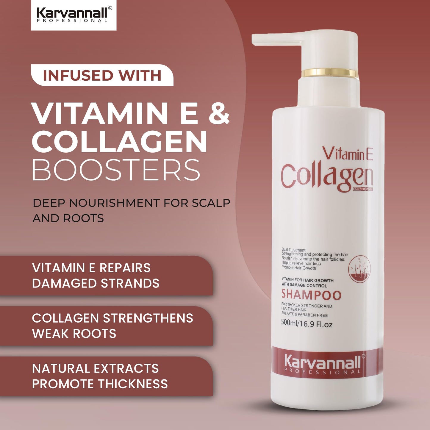 Vitamin E & Collagen Shampoo | Anti Hair Loss, Damage Repair & Growth Formula | Sulfate Free Hair Thickening Shampoo for Daily Use, All Hair Types | 500 ml / 16.9 Fl Oz