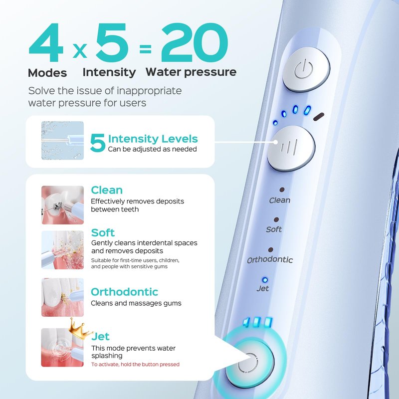 COSLUS C50 Portable Water Flosser for Teeth: 4 Modes & 5 Intensity Levels Professional Electric Dental Pick for Sensitive Gums, Braces & Orthodontic - Cordless for Travel Use, BPA-Free, ADA Accepted