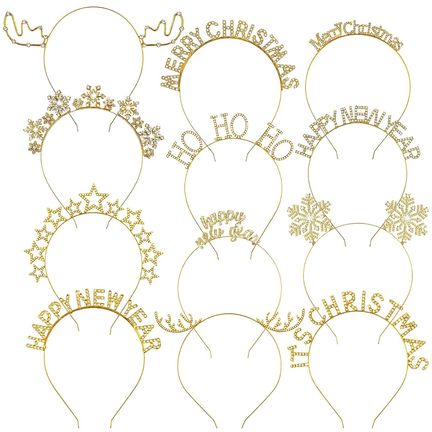 Christmas Headbands Set - 12 Pcs Rhinestone Reindeer Antler & Snowflake Accessories | Gold