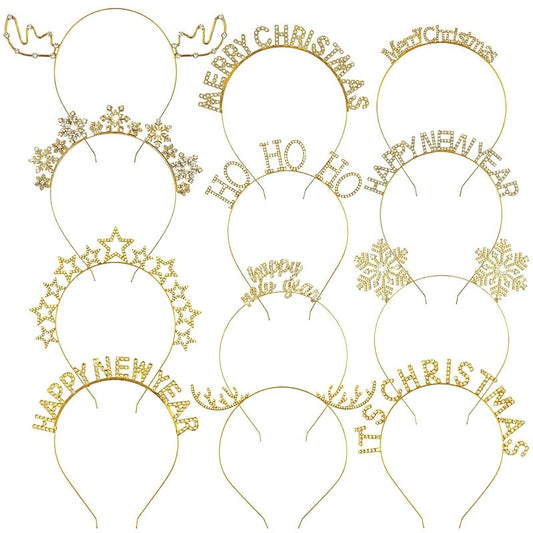 Christmas Headbands Set - 12 Pcs Rhinestone Reindeer Antler & Snowflake Accessories | Gold