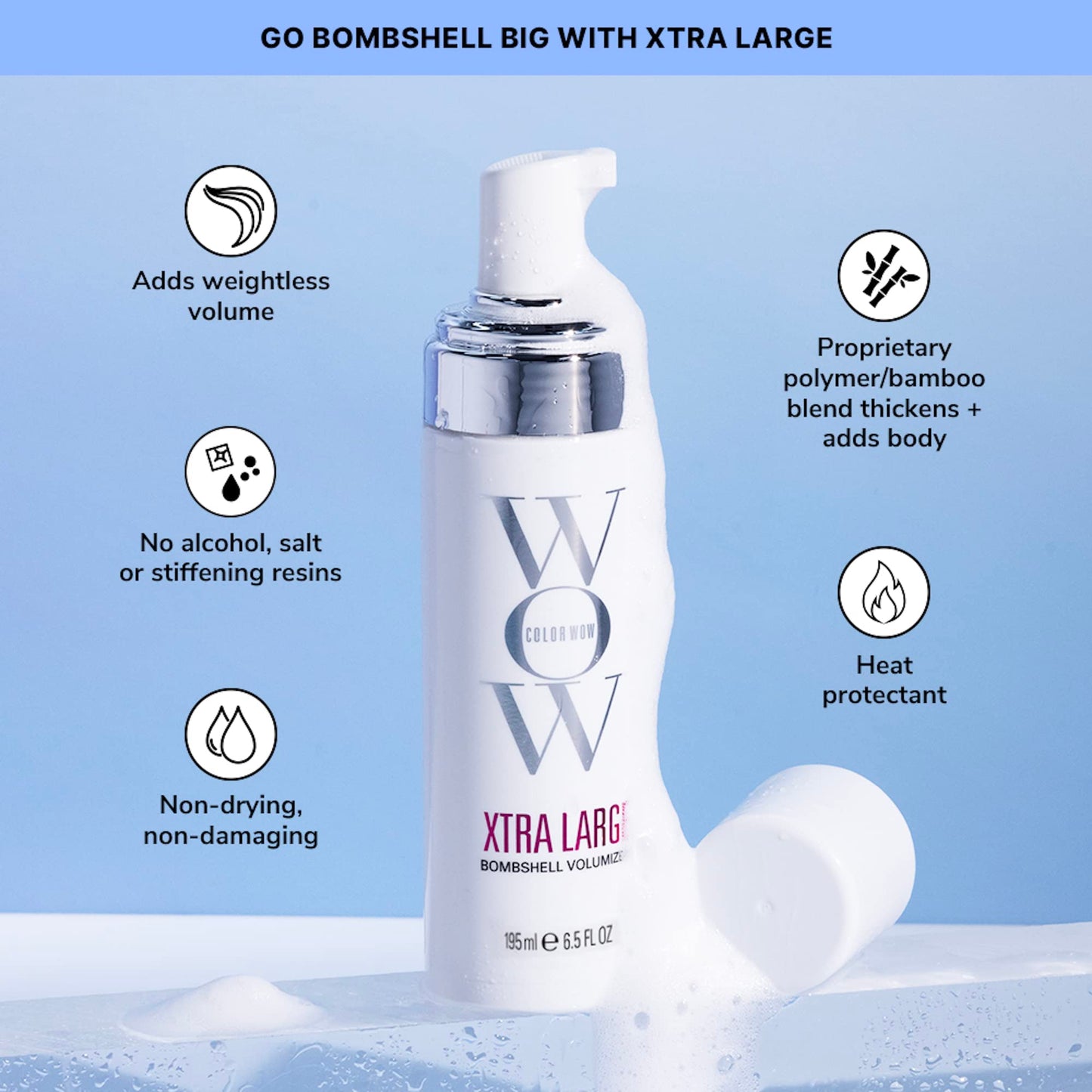 COLOR WOW BIG, Bomshell Bundle - The ultimate volumizing duo for fine, thin, limp hair. RAISE THE ROOT creates all-day lift at the roots while XTRA LARGE adds weightless mass for thick, glossy hair.