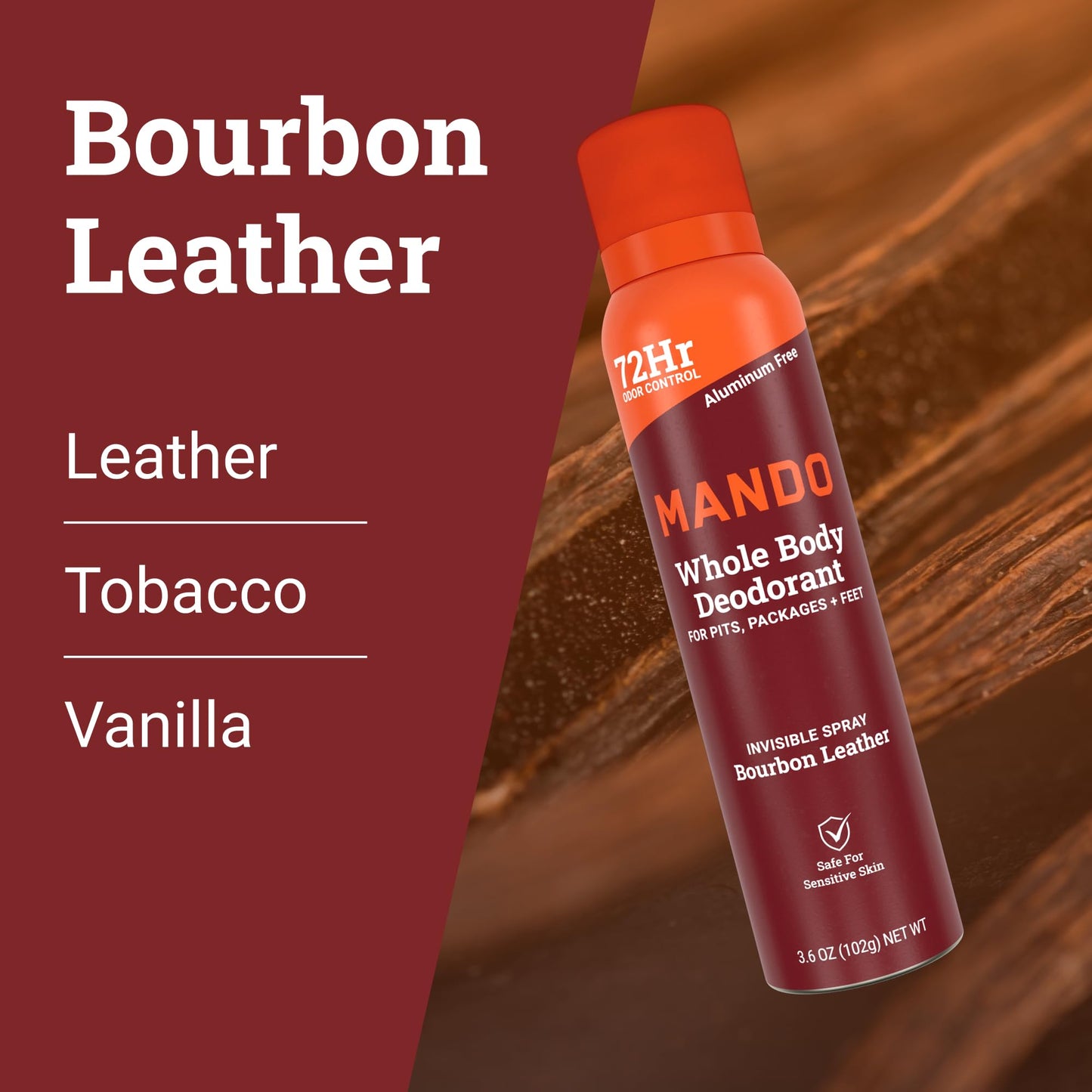 Mando Whole Body Deodorant For Men - Invisible Spray Deodorant - 72 Hour Odor Control - Low Irritation Formula - Aluminum Free, Benzene Free - 3.6 ounce Cans (Pack of 2) - Bourbon Leather