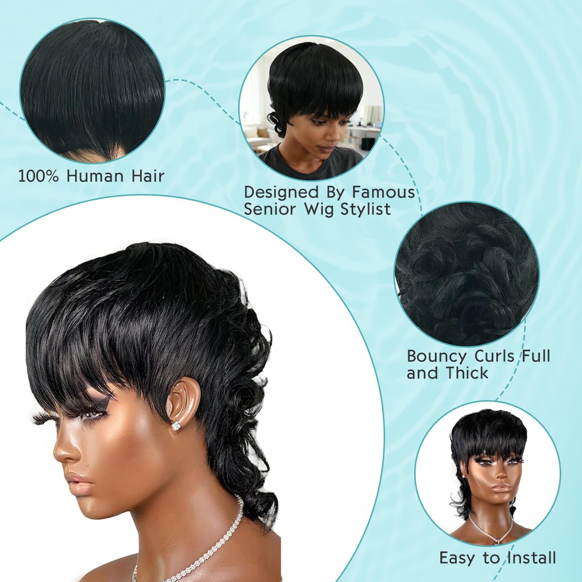 Msviki Mullet Full Machine Made Human Hair Wigs For Women Glueless Pixiecut Curly Wigs With Bangs Body Wave Brazilian 100% Virgin Human Hair Wig Dovetail Wear And Go Human Hair Wigs 180% Density