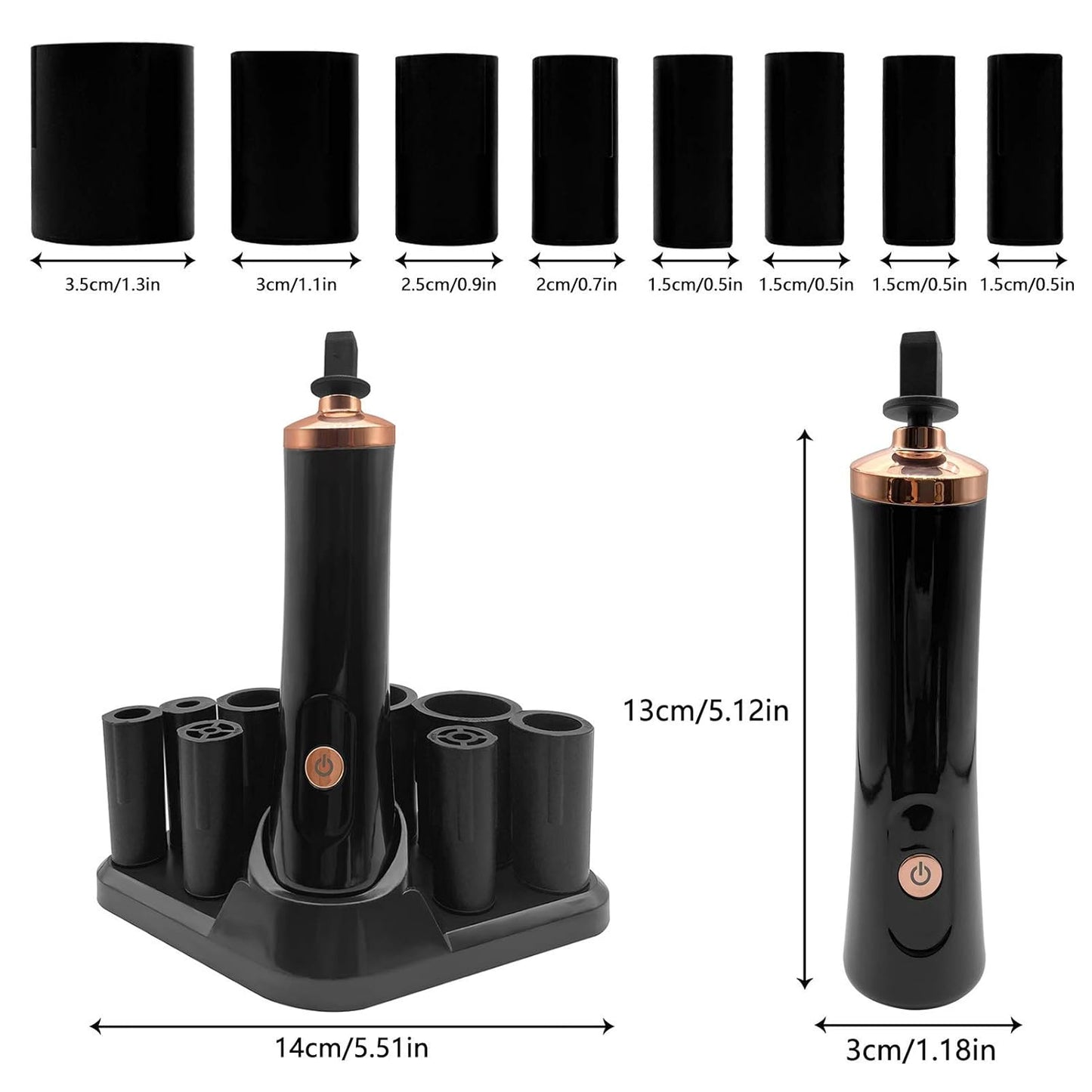 Nail Polish Mixer - Portable Electric Nail Lacquer Shaker with 2 Connectors | 8 Sizes for Even Mixing (Black)