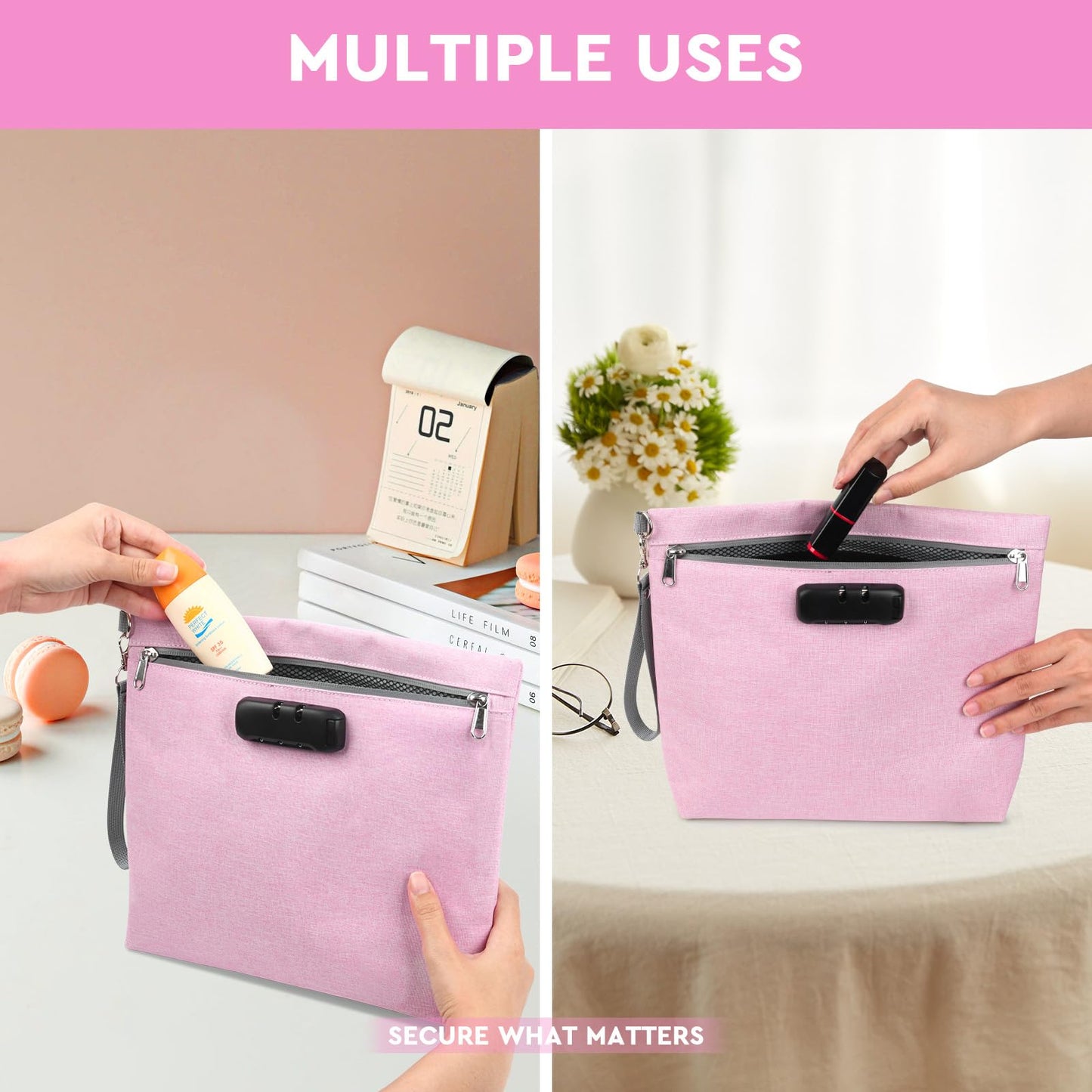 Pink Medium Travel Smell Proof Bag with 10 PCS Accessories, Portable Cosmetic Pouch with Combination Lock. Gift for Women.