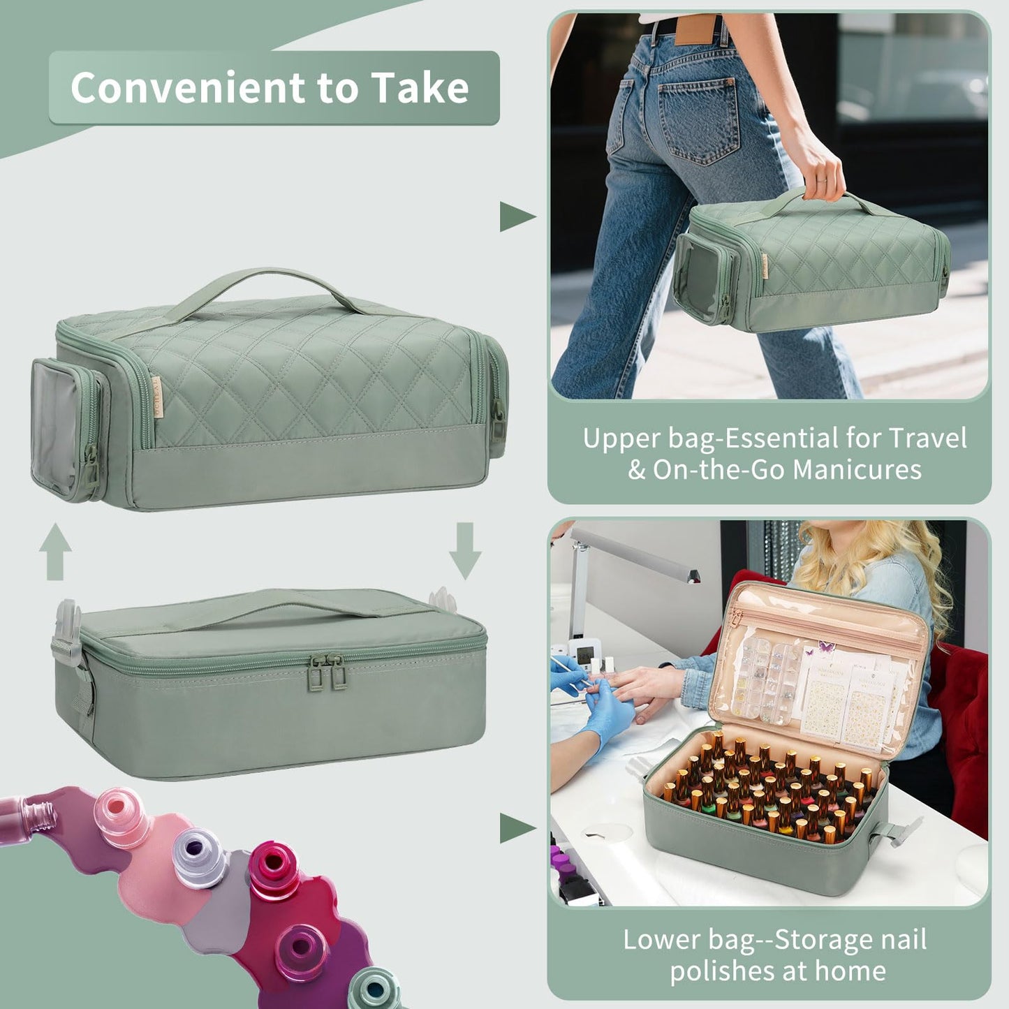 OCHEAL Nail Polish Organizer, Holds Nail Lamp and 45+ Bottles 2-in-1 Nail Polish Storage Case,Detachable Nail Techs Gel Kit Supplies Carring Bag for Manicurist Tools 45-Slot Nail Holder-Green