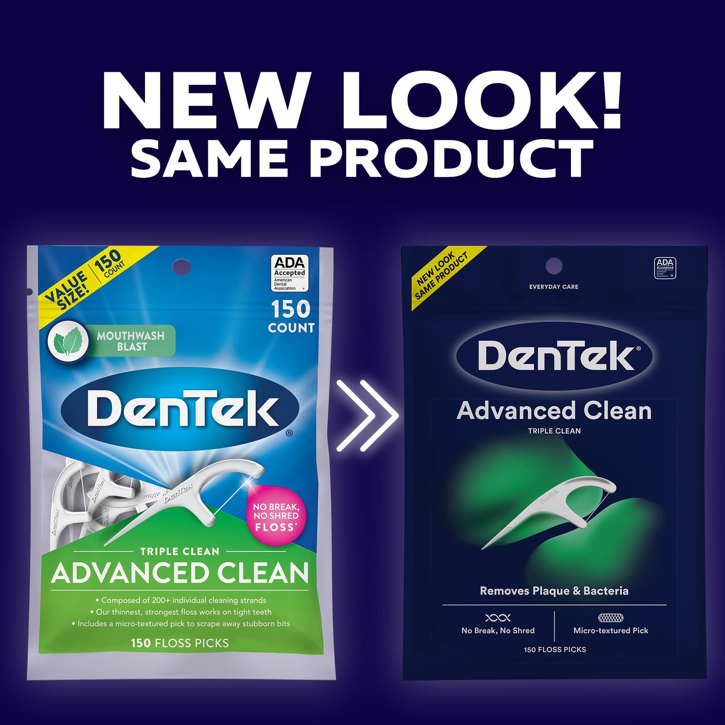 DenTek Advanced Clean Floss Picks with No Break & No Shred Dental Floss, Plaque Remover, 150 Count, Pack of 6