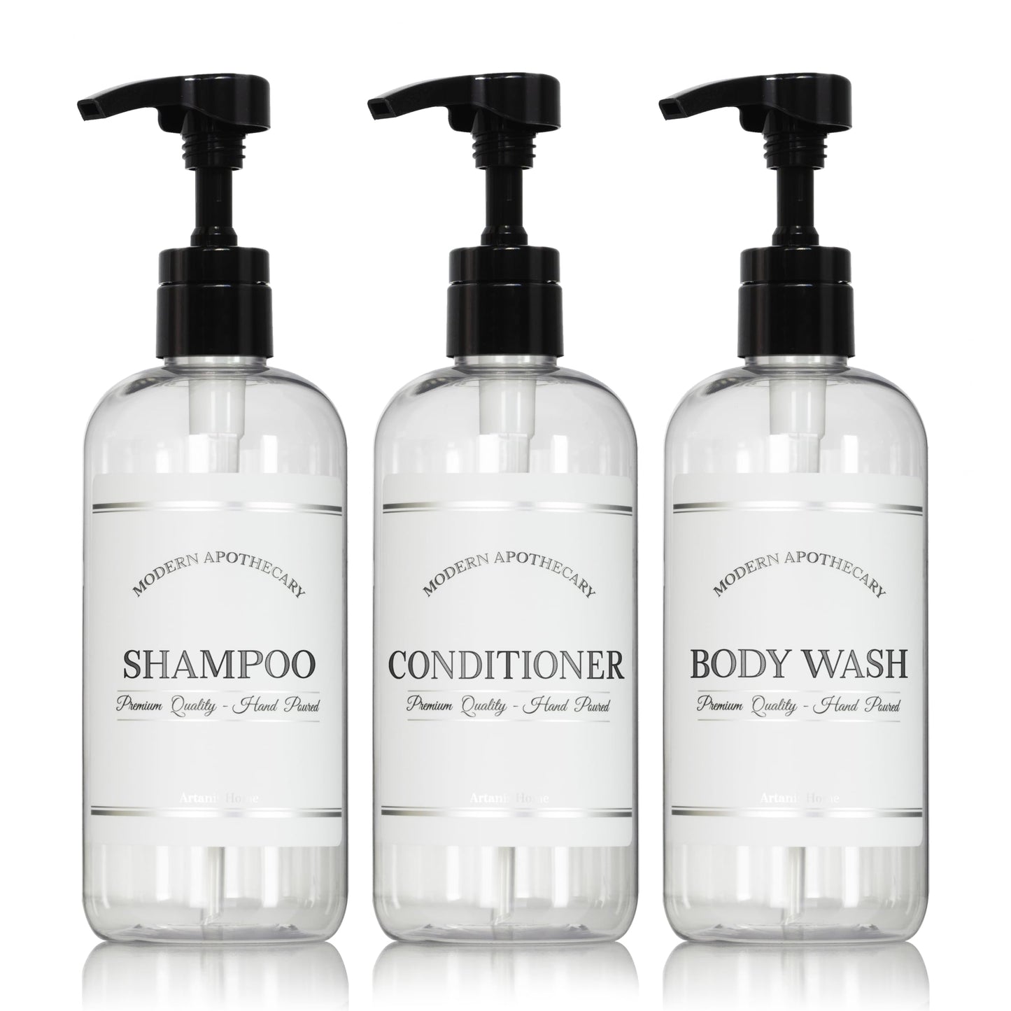 Clear Refillable Shampoo and Conditioner Bottles - Body Wash, Shampoo and Conditioner Dispenser - PET Plastic Shampoo Bottles Refillable with Pump - Waterproof Labels - 16 oz, 3 Pack (White Plastic)