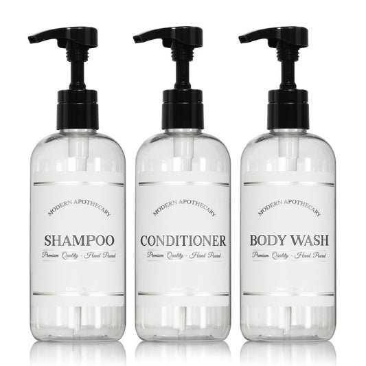 Clear Refillable Shampoo and Conditioner Bottles - Body Wash, Shampoo and Conditioner Dispenser - PET Plastic Shampoo Bottles Refillable with Pump - Waterproof Labels - 16 oz, 3 Pack (White Plastic)