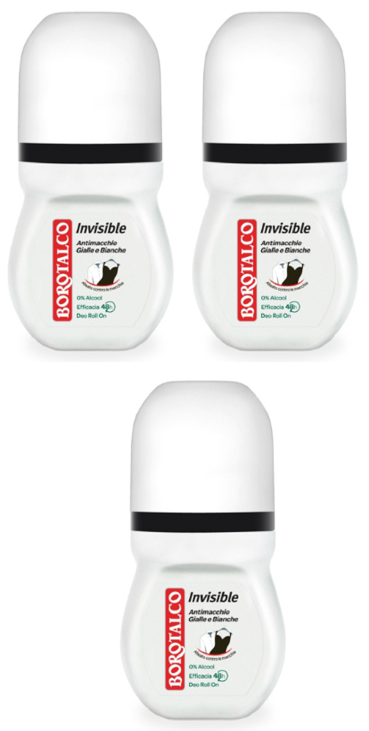 Borotalco:"Invisible" Anti-Stain Deodorant 1.69 Fluid Ounces (50ml) Deo Roll On (Pack of 3) [ Italian Import ]