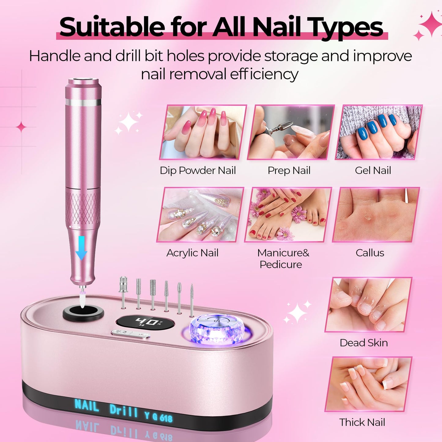 JOSGLOI 40000RPM Electric Nail File Drill Professional Kit, Drill Machine with LCD Display, Manicure Pedicure Polishing Acrylic Gel Nail Grinder for Salon, Home Use