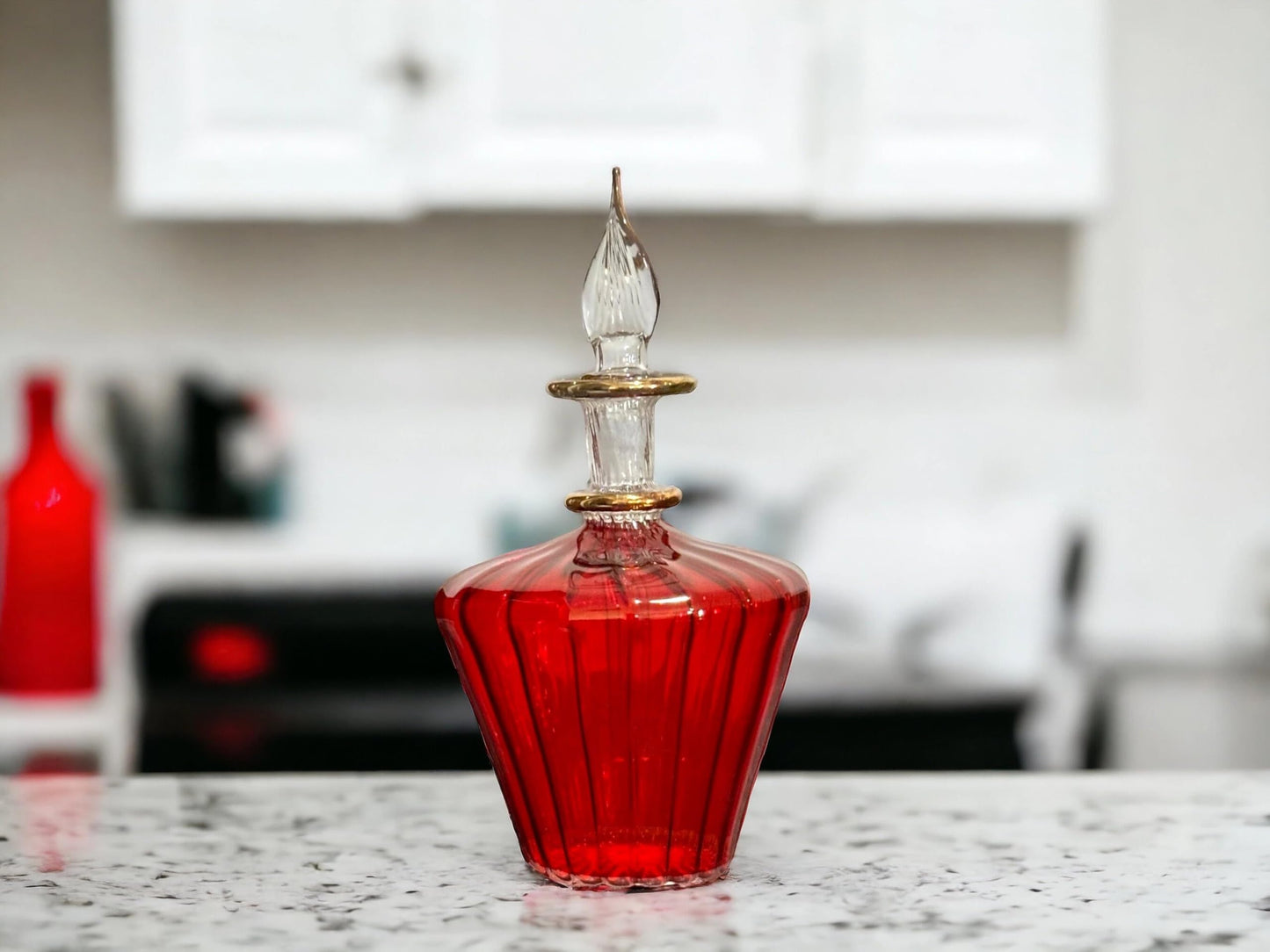 Les Trois Pyramides Hand-Blown Red Glass Perfume Bottle with 14K Gold Detailing | Refillable Decorative Glass Bottle | Egyptian Art