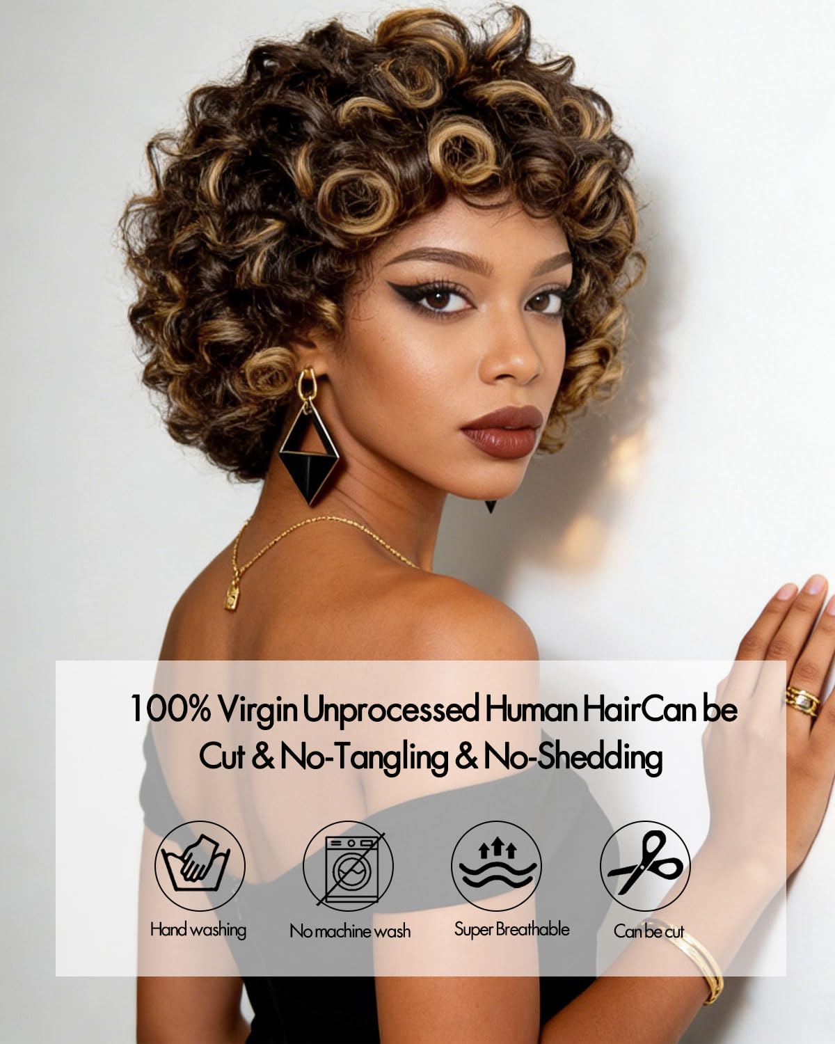 Wosama Curly Human Hair Wig With Bangs Ombre Glueless Bob Wig Human Hair 12inch Wigs Human Hair With Bangs Highlight Wear 4/27