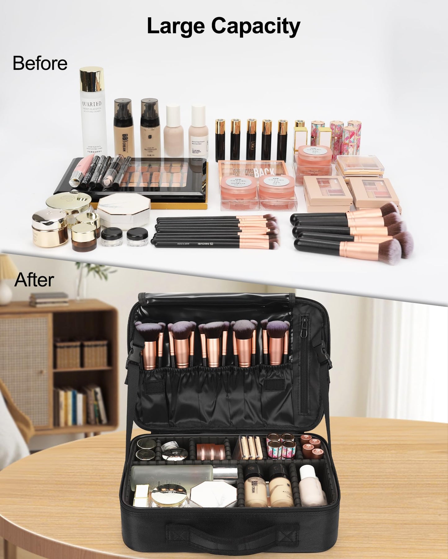 Relavel Makeup Bag Travel Train Case Cosmetic Organizer with Divider, Black