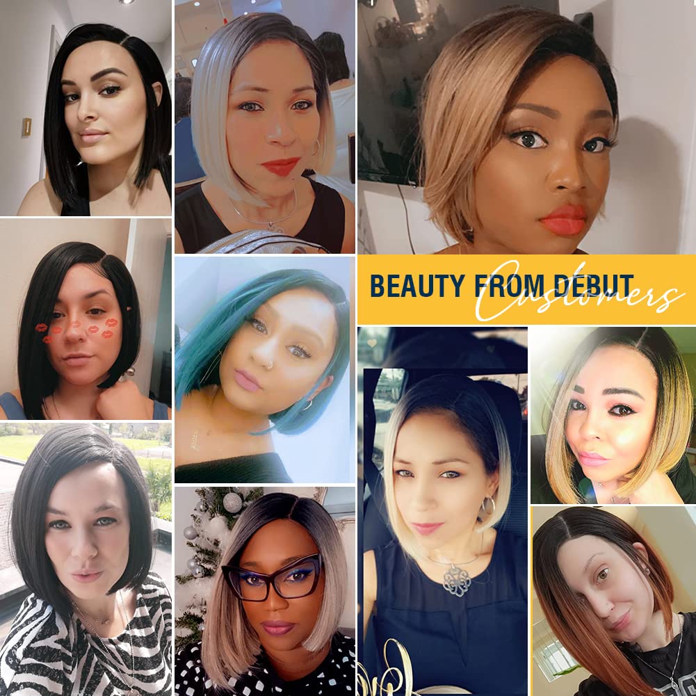 DÉBUT Lace Front Bob Wigs Ombre Neon Green Side Part Lace with Hand-Tied Lace Front Short Bob Synthetic Wig for Women Lemon Green Color