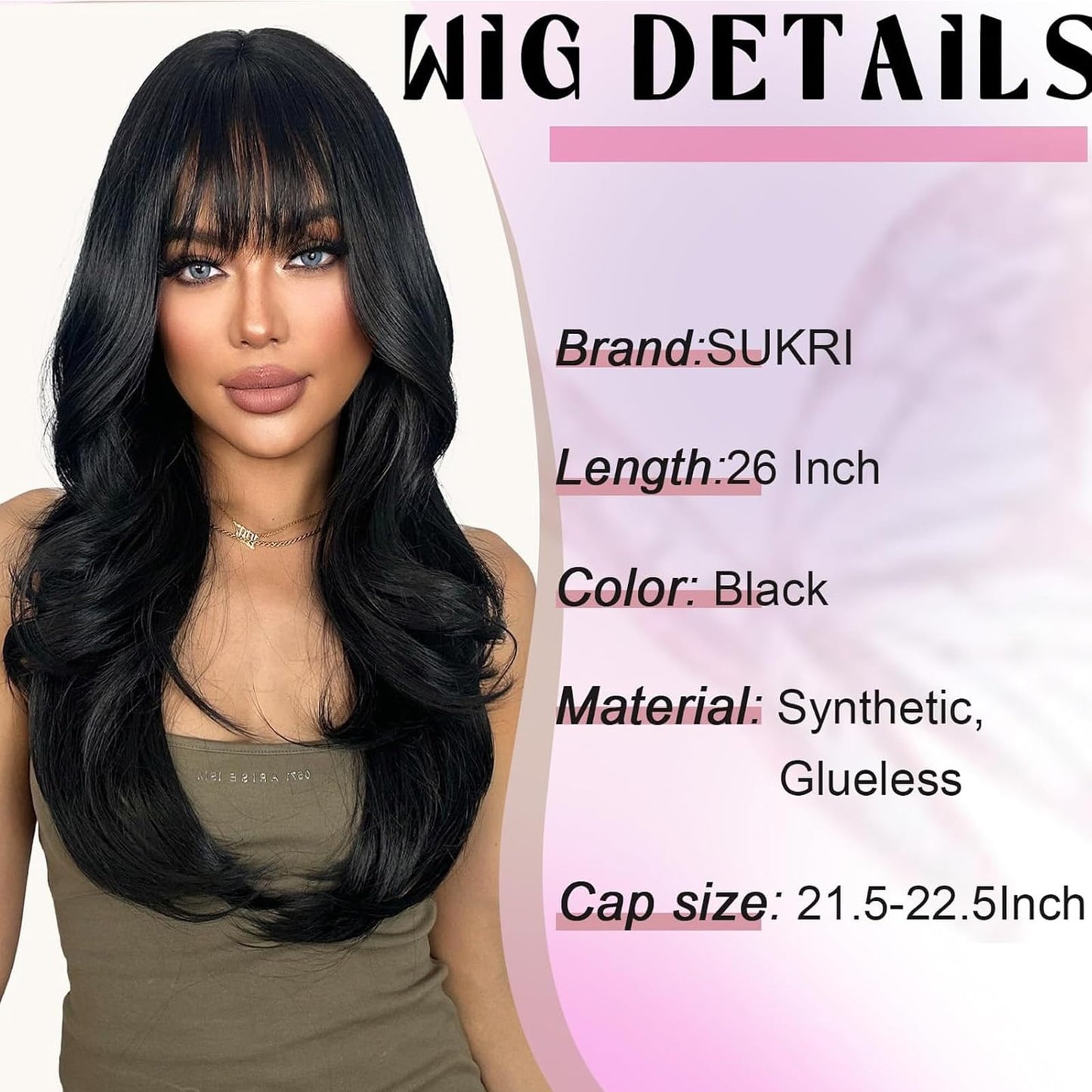 SUKRI Black Layered Wig with Bangs for Women 26 Inch Long Wavy Synthetic Wigs Heat Resistant Hair for Daily Party Cosplay Use(Black)