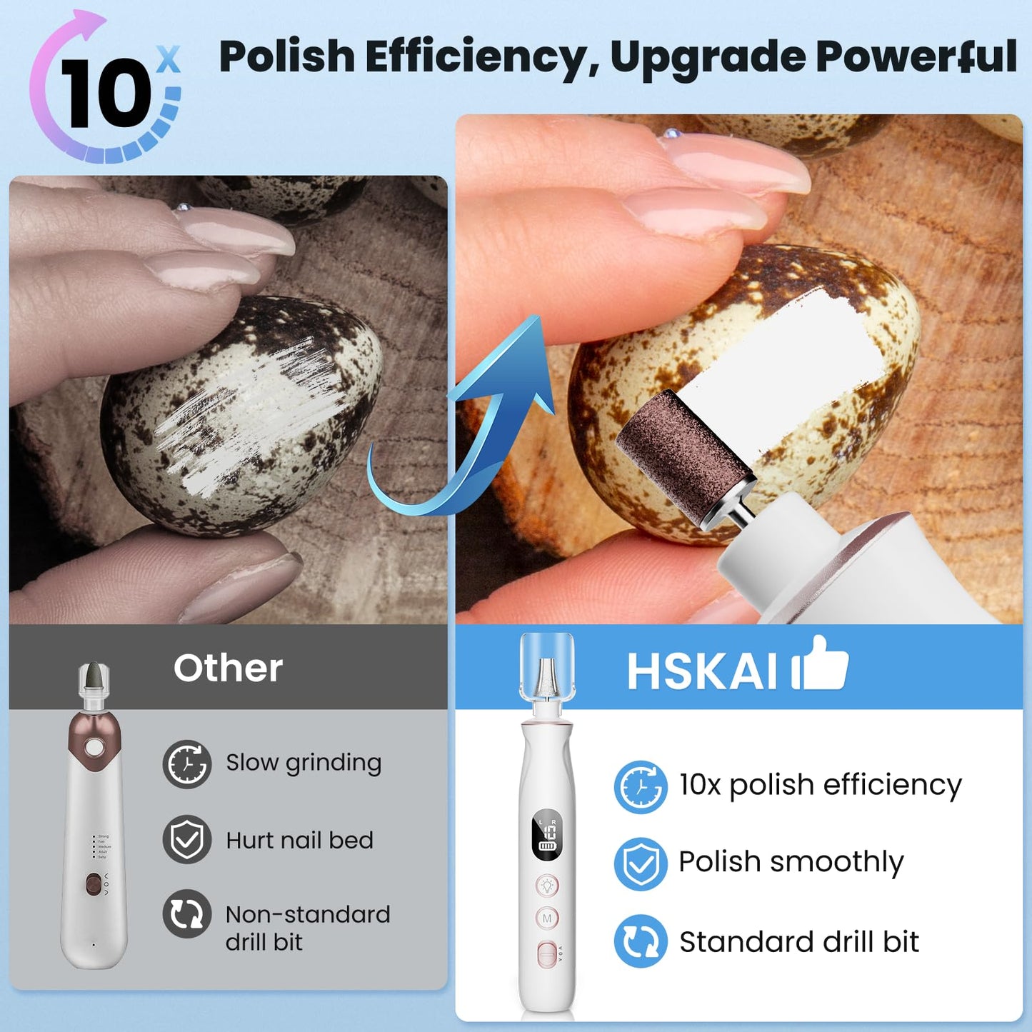 HSKAI Nail Drill, Electric Nail File with LCD & Lamp, Long-Lasting Thick Toenail Grind, Rechargeable & Cordless Toe Nail Tools for Women & Men Manicure and Pedicure Gifts