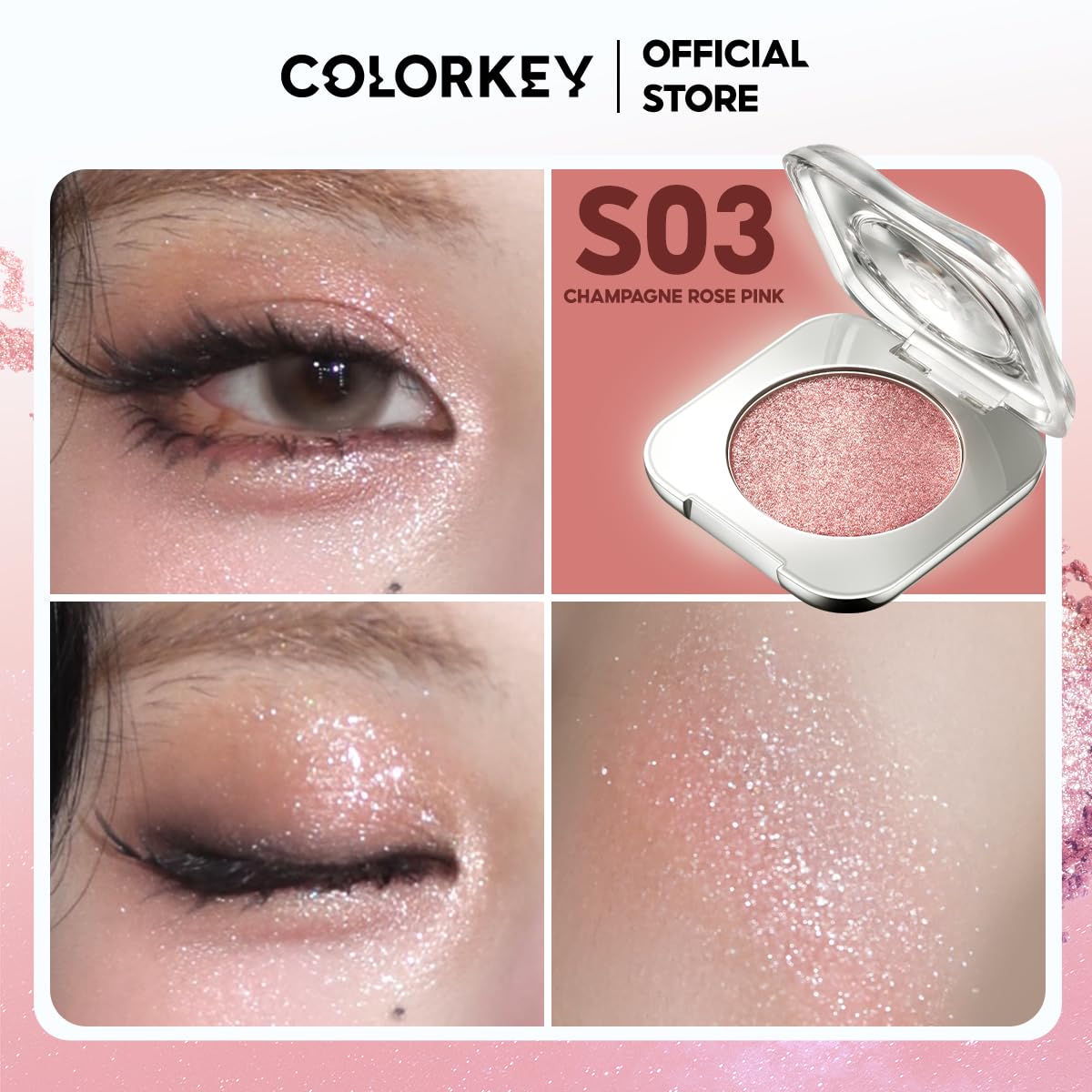 COLORKEY Stardust Diamond Mono Eyeshadow, High-Pigment Single Eye Shadow with Diamond Sparkle, Long-Lasting, Waterproof, Smudge-Proof, Multi-Dimensional Shine, Enhances Eye Contour (S03)