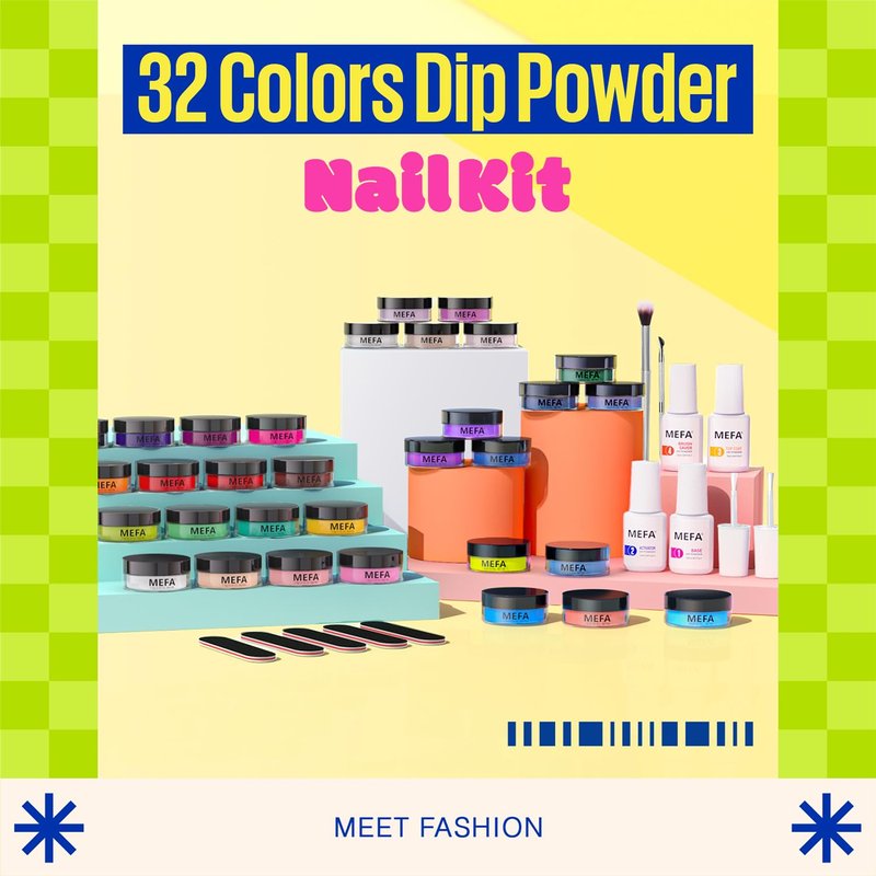 MEFA Dip Powder Nail Kit - 32 Vibrant Colors for Spring & Summer | Hot Pink, Pastel Violet, Neon Orange, Glitter & Shimmery Finishes