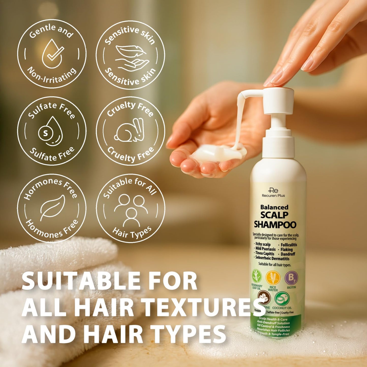 Recuren Plus Shampoo for Folliculitis and Psoriasis: Seborrheic Dermatitis, Dandruff and Itchy Scalp Relief with Salicylic Acid, Piroctone Olamine, Rosemary & Coconut Oil