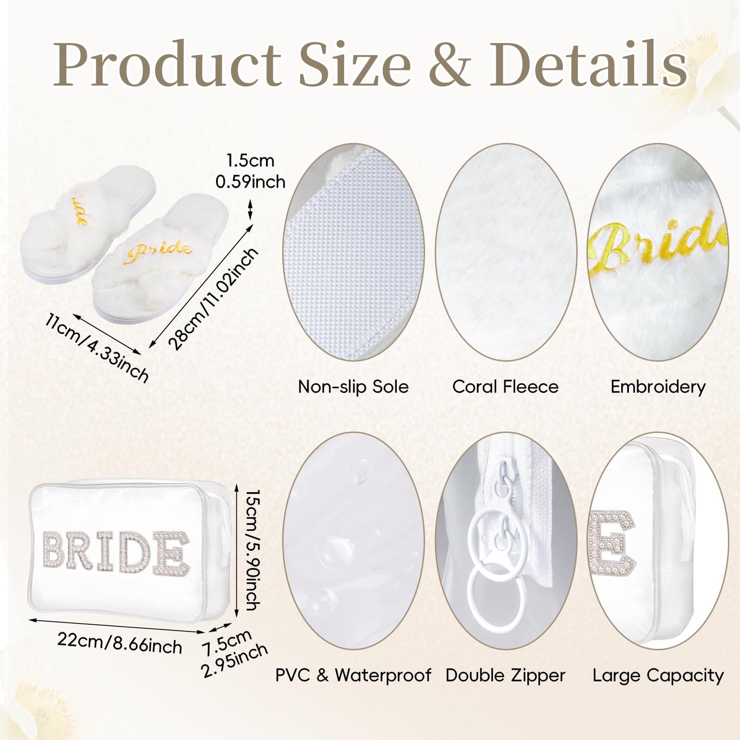 Hazms 3 Pcs Bride Robe for Wedding Day Set with Makeup Bag, Slippers, Lace Trim White Robe -Short Getting Ready Wedding Robes Bridesmaids Bride Gifts