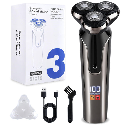 Electric Razor for Men, Men's Electric Shaver, 3-Blade Rotary Shaving System, Type-C Fast Charging, LED Display, Waterproof Wet Dry Cordless Razor (Black)