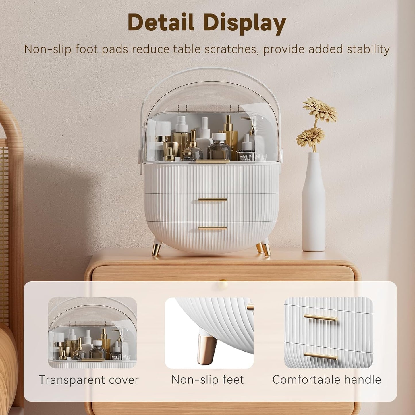 Makeup Organizer for Vanity - Countertop Cosmetic Storage with Drawers & Clear Cover | White