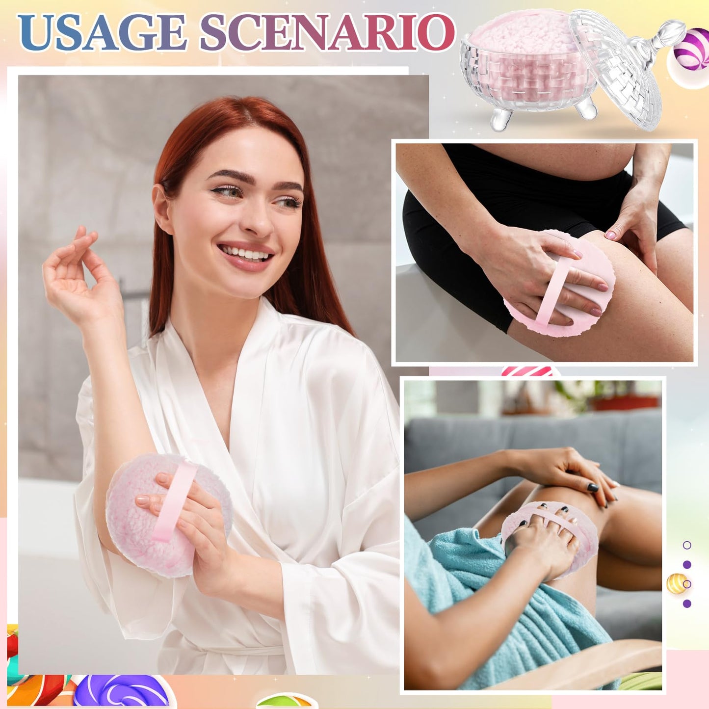Tioncy 2 Pcs Extra Large Dusting Powder Puff and Container for Women-6'' Glass Crystal Dusting Powder Container with Body Soft Washable Reusable Velour Face(Clear,Weave Design)