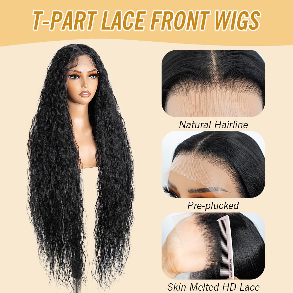 Joedir Hair Super Long Wigs for Women 36 inch Lace Front Wig 5 Inch Middle Parting Synthetic Hair Bohemian Waves (RC1B)