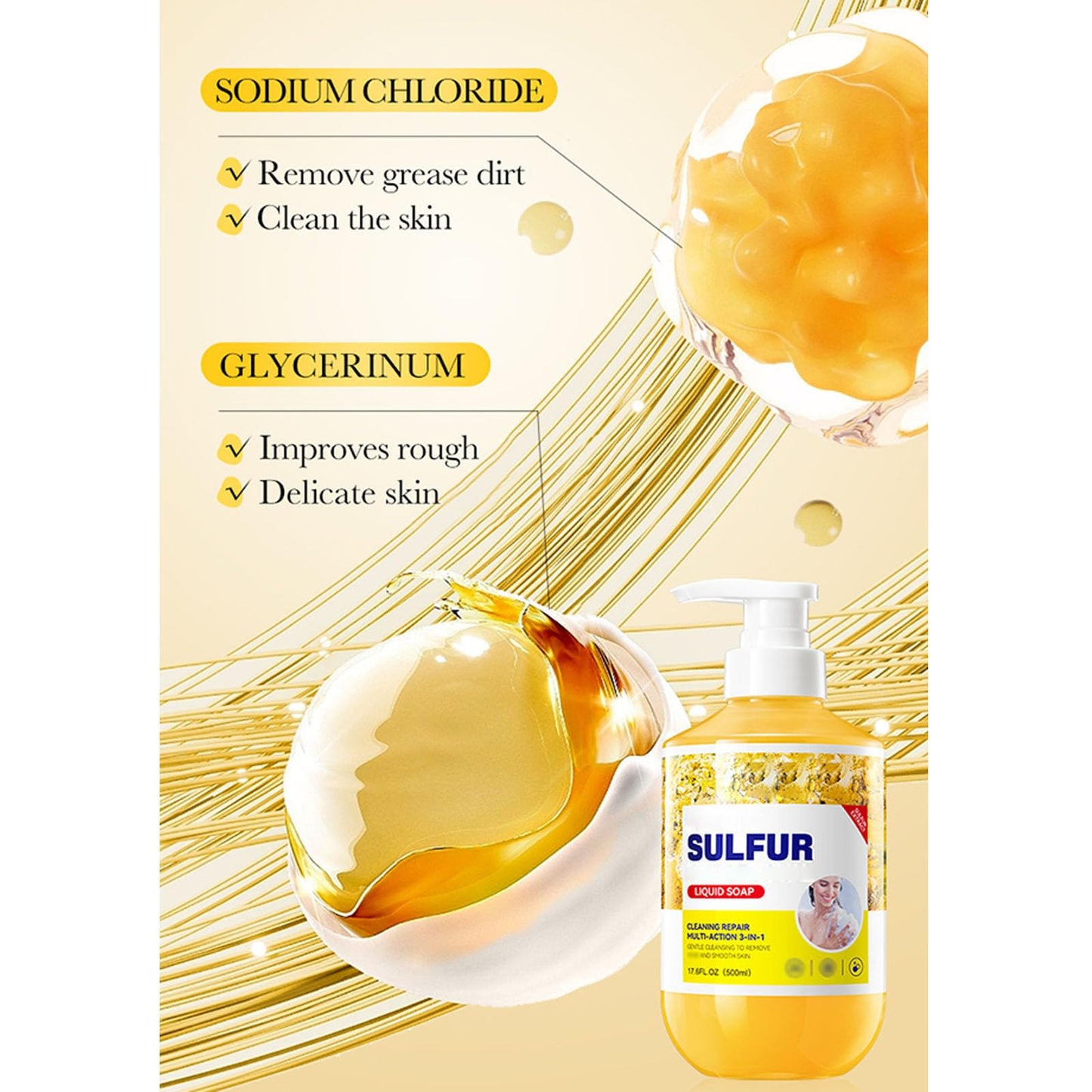 Sulfur Body Wash,Cleaning Repair Multi-Action Cleanser and Shower Gel 3-in-1,500ml Clean Refreshing Soothes Gentle Daily Body Clean for Women and Men