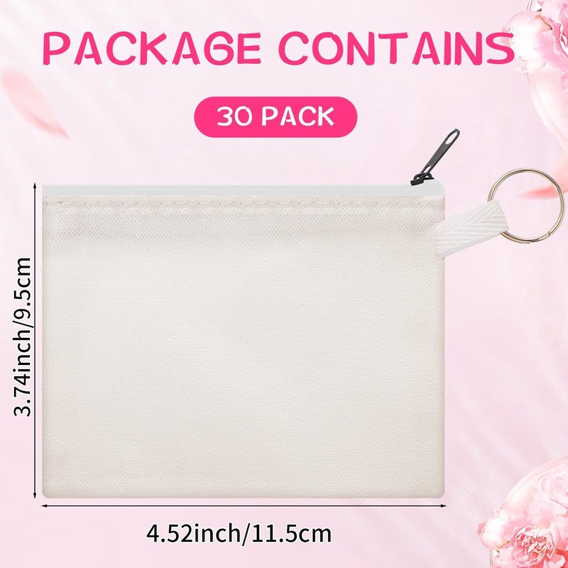 Sublimation Blank Small Coin Canvas Makeup Bags - 30 Pack Zipper Pouches for DIY Crafts | White Travel Organizer