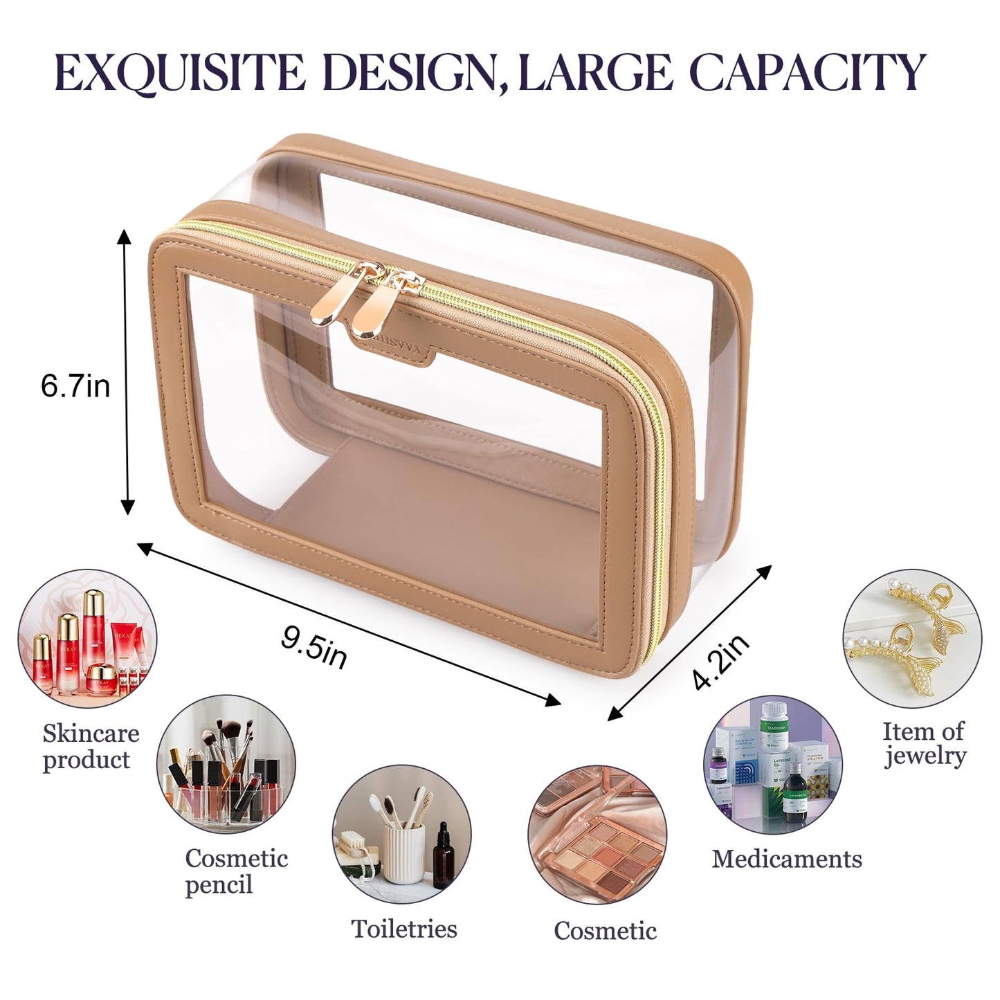 YAASHEEN Clear Makeup Bag Organizer, 2-Piece Makeup Organizer Set (Large & Small) for Home, Office, Travel or Car Use, Holds Cosmetics, Skincare, Stationery, Tech Accessories (Brown)