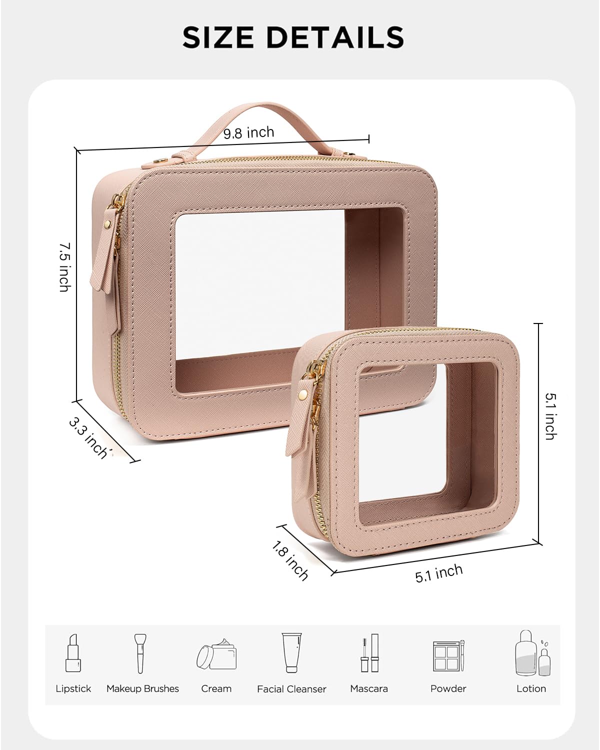LETGO 2 Pack Clear Travel Toiletry Bag for Women, Large & Mini Waterproof PU TSA Approved Cosmetic Pouches,Portable Beach Vacation Makeup Organizer Set,See Through Skincare Sunscreen Bags for Women