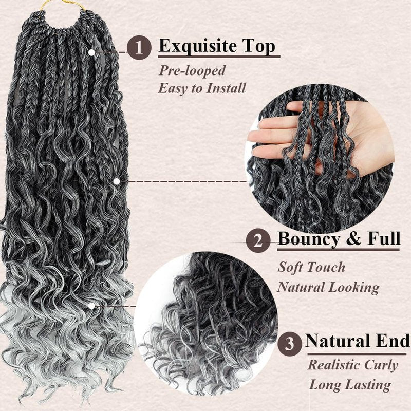 Goddess Box Braids Crochet Hair 10 Inch Bohemian Box Braids Crochet Hair with Curly Ends Boho 3X Synthetic Crochet Braiding Hair for Women (8 pack, 1b/gray#)