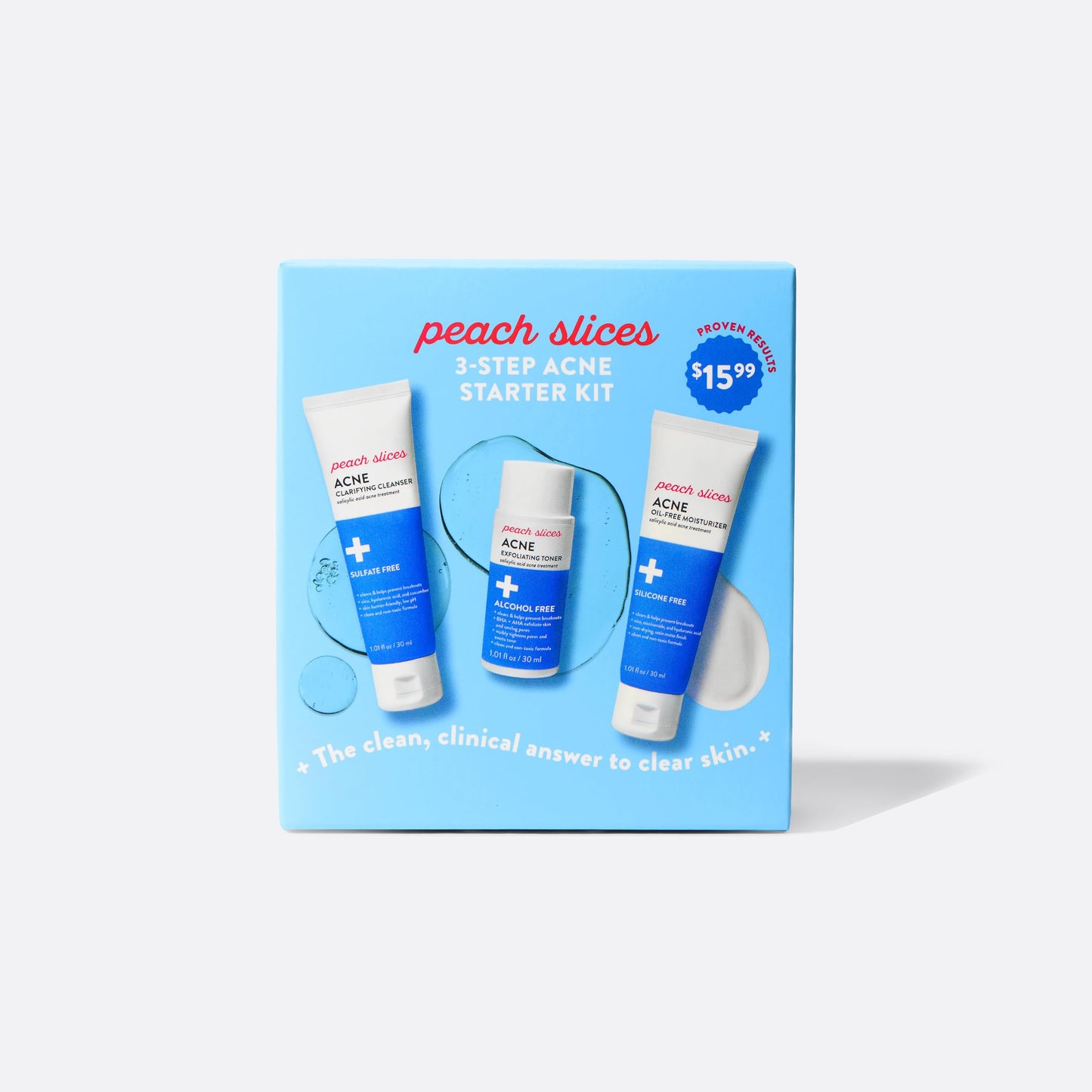 Peach Slices - 3-Step Clarifying Starter Kit (3 Products) - Skin Care Set for Blemish-Prone Skin - 1 Toner, 1 Cleanser, 1 Oil Free Moisturizer - 2% Salicylic Acid & Botanicals - Vegan & Cruelty Free